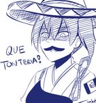  fake_facial_hair fake_mustache hair_between_eyes hat japanese_clothes kaga_(kantai_collection) kantai_collection lowres mexican_flag monochrome muneate rexlent ribbon shaded_face simple_background sketch solo sombrero spanish translated white_background 