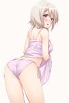  aoyama_blue_mountain ass bare_shoulders dress dress_lift eyebrows_visible_through_hair from_behind gochuumon_wa_usagi_desu_ka? highres lace lace-trimmed_panties leaning_forward looking_back mikazuchi_zeus panties purple_dress purple_eyes purple_panties side-tie_panties silver_hair simple_background solo underwear underwear_only 