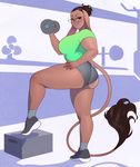  2016 anthro big_breasts blush bovine breasts brown_eyes brown_hair cattle clothing dark_skin dumbbell fan fangdangler female footwear gym hair hi_res inside legwear looking_at_viewer mammal pink_nose shirt shoes shorts smile socks solo standing sweat thick_thighs tight_clothing voluptuous weights 