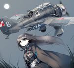  3boys aircraft airplane belt cape flying fourragere gloves goggles grey_eyes grey_hair gun helmet long_hair looking_to_the_side medal moon multiple_boys night original pilot poland polish_air_force_checkerboard propeller pzl-23 rifle samazuka_mashiro simple_background uniform weapon wind world_war_ii 