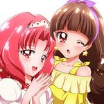 :d ;o absurdres akagi_towa alternate_eye_color amanogawa_kirara bad_id bad_pixiv_id bangs blush brown_eyes brown_hair earrings go!_princess_precure hands_together highres jewelry long_hair looking_at_viewer multiple_girls one_eye_closed open_mouth parted_bangs precure puffy_sleeves red_hair sharumon shiny shiny_skin shirt short_hair smile star star_earrings upper_body white_background white_shirt yellow_shirt 