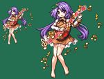  bad_id bad_pixiv_id barefoot beamed_eighth_notes beamed_sixteenth_notes biwa_lute brown_dress dress eighth_note flower green_background hair_flower hair_ornament holding instrument lavender_hair long_hair long_sleeves lute_(instrument) musical_note pixel_art quarter_note red_eyes shirt short_dress simple_background smile solo takorin touhou tsukumo_benben twintails 