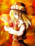  ao-shiba blonde_hair brown_dress brown_eyes brown_hat cross dolls_in_pseudo_paradise dress extra floating frilled_hat frills from_side hat jacket_girl_(dipp) long_sleeves looking_down magic parted_lips ribbon solo touhou yellow_eyes 