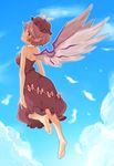  adapted_costume alternate_costume animal_ears back bad_id bad_twitter_id barefoot bird_wings blue_sky blush bow cloud day dress feathers feet flying full_body hajin hat highres looking_back mob_cap mystia_lorelei pink_hair profile red_eyes short_hair sky smile soles solo strapless strapless_dress touhou wings 
