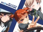  aki_(girls_und_panzer) bad_id bad_pixiv_id brown_eyes brown_hair copyright_name emblem girls_und_panzer green_eyes grin hands_on_own_face hat highres jacket keizoku_military_uniform long_sleeves looking_at_viewer mika_(girls_und_panzer) mikko_(girls_und_panzer) military military_uniform mouth_hold multiple_girls one_eye_closed pairan red_eyes red_hair short_twintails smile stalk_in_mouth steering_wheel track_jacket twintails uniform upper_body 