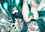  absurdres ass bad_id bad_pixiv_id bare_legs barefoot black_dress bottomless censored character_censor commentary_request curly_hair dress green_eyes green_hair highres long_sleeves looking_at_viewer miya-ki_(miya_key) no_panties novelty_censor one-punch_man short_hair solo tatsumaki telekinesis 