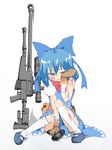  absurdres anti-materiel_rifle bandages blood blood_on_face bloody_clothes blue_dress blue_eyes blue_hair bow cirno crying crying_with_eyes_open dress fingerless_gloves glock gloves gun hair_bow handgun highres ice ice_wings lunavivienne open_mouth pgm_hecate_ii pistol ribbon rifle scarf short_hair sniper_rifle solo tears touhou weapon wings 