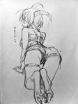  ass from_behind full_body goat_girl goat_horns greyscale hooves kanemaki_thomas looking_back monochrome monster_girl monster_musume_no_iru_nichijou monster_musume_no_iru_nichijou_online satyr shire_(monster_musume) sketch solo traditional_media translated 