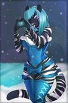  anthro blue_eyes blue_hair bow clothing corset feline female hair jewelry leggings legwear long_hair looking_at_viewer mammal necklace one_eye_closed outside snow solo stripes tiger tongue vexstacy wink 