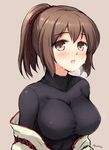  :o bangs blush breasts breath brown_background brown_eyes brown_hair cleavage don_(29219) hair_ribbon ise_(kantai_collection) japanese_clothes kantai_collection large_breasts looking_at_viewer nontraditional_miko off_shoulder ponytail red_ribbon ribbon simple_background sketch skin_tight solo sweat turtleneck twitter_username undershirt upper_body 