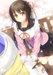  bangs black_hair blush breasts brown_eyes cardigan gloves hair_ornament hairclip hatsuki_kaname large_breasts long_hair long_sleeves looking_at_viewer original pleated_skirt scarf school_uniform serafuku skirt snowman solo thighhighs 