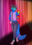  2015 4_fingers 4_toes ayko_eos blue_fur cat clothing feline fluffy_tail fur girly hair jeans july_miko long_hair male mammal pants pink_eyes rainbow_mitten ribbons siberian_cat standing tail_bow tail_ribbon toes vest 