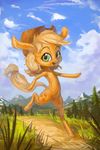  2014 applejack_(mlp) assasinmonkey blonde_hair chibi cloud cowboy_hat cutie_mark earth_pony equine female feral freckles friendship_is_magic fur grass green_eyes hair hat horse landscape looking_at_viewer mammal my_little_pony nature orange_fur outside pony running sky smile solo tree 
