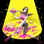  :q android black_background black_hair chainsaw confetti grey_skin hair_over_one_eye hato_moa heart heart-shaped_pupils holding holding_tray kneeling male_focus mannequin mettaton mettaton_ex pink_blood purple_eyes signature solo sparkle spotlight symbol-shaped_pupils tongue tongue_out tray undertale 