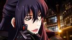  beatrix_bremer black_hair blurry city depth_of_field face genya_(genya67) gloves headgear highres lipstick makeup muvluv outdoors red_eyes schwarzesmarken solo 