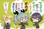  anchovy anzio_military_uniform armband belt black_shirt blonde_hair brown_hair carpaccio chibi closed_eyes commentary_request dress_shirt drill_hair food food_on_face girls_und_panzer green_hair grey_jacket grey_pants hair_ribbon hand_to_own_mouth holding_pizza jacket knife long_sleeves military military_uniform miniskirt multiple_girls otoufu outstretched_hand pants pepperoni_(girls_und_panzer) pizza ribbon sheath shirt shoulder_belt skirt translated twin_drills twintails uniform 
