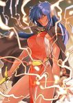  arshes_nei bastard!! blue_eyes blue_hair breasts cape cowboy_shot dark_skin electricity long_hair looking_at_viewer medium_breasts pointy_ears sideboob silversnow solo sword thighs tunic weapon 