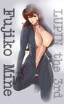  areola_slip areolae bodysuit breasts brown_eyes brown_hair character_name choker cleavage copyright_name large_breasts lips long_hair long_sleeves looking_at_viewer lupin_iii mine_fujiko navel open_clothes sidelocks signature solo squatting wakino_keibun 