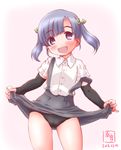  arm_warmers black_panties blue_hair dated hair_ribbon highres kanon_(kurogane_knights) kantai_collection no_hat no_headwear ooshio_(kantai_collection) open_mouth panties purple_eyes ribbon school_uniform shirt short_hair short_twintails skirt skirt_lift smile solo suspender_skirt suspenders twintails underwear 