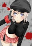  alisa_ilinichina_amiella blue_eyes boots breasts fingerless_gloves gloves god_eater hand_on_headwear hat highres large_breasts long_hair looking_at_viewer navel open_mouth ribbed_sweater ryuushaku silver_hair skirt solo suspender_skirt suspenders sweater thigh_boots thighhighs 