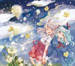  adapted_costume blue_dress blue_hat blue_sky cloud dress flower fujiwara_no_mokou hat holding_hands juliet_sleeves kamishirasawa_keine long_sleeves moon multiple_girls no_nose one_eye_closed onigiri_(ginseitou) puffy_sleeves sky tears touhou wince wiping_tears 