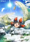  blue_sky bow brown_eyes brown_hair cloud commentary_request dango day feathers flying food hair_bow hair_tubes hakurei_reimu multiple_wings open_mouth sky smile solo sun touhou umigarasu_(kitsune1963) wagashi wings yukkuri_shiteitte_ne 