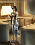  anthro areola beverage breasts canine clothed clothing female food inside invalid_tag mammal navel nipples open_shirt pussy smile solo standing victoriano_the_chief wolf 