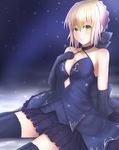  artoria_pendragon_(all) blonde_hair blush breasts cleavage dress elbow_gloves fate/grand_order fate/stay_night fate_(series) gloves highres maosame medium_breasts saber_alter solo thighhighs yellow_eyes zettai_ryouiki 