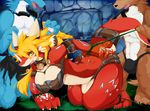  1girl 3boys anthro blonde_hair blush breasts dragon dragoon86 erect_nipples erection female furry group group_sex hair hypnotize long_hair multiple_boys open_mouth wolf 