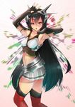  black_eyes black_gloves black_hair elbow_gloves emphasis_lines fingerless_gloves gloves headgear highres jojo_no_kimyou_na_bouken jojo_pose kantai_collection long_hair microskirt midriff nagato_(kantai_collection) pleated_skirt pose skirt smile_(qd4nsvik) solo thighhighs very_long_hair 