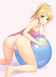  ass ayase_eli ball banned_artist bare_arms bare_shoulders barefoot blonde_hair blue_bow blue_eyes blush bow breasts covered_nipples exercise_ball eyebrows_visible_through_hair from_behind hair_bow highres kneeling long_hair looking_at_viewer looking_back love_live! love_live!_school_idol_project medium_breasts n.g. no_bra no_pants panties pink_background ponytail pussy_peek shiny shiny_skin sideboob simple_background sleeveless solo tank_top underwear white_panties 