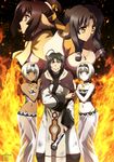  4girls absurdres ahoge animal_ears atui_(utawareru_mono) bangs bell bikini black_hair blood bloody_clothes bob_cut bracelet breasts brown_eyes capelet cleavage cleavage_cutout clenched_teeth dancer dark_skin dirty_clothes earrings embers expressionless fire frown fur_trim girl_sandwich grey_eyes hair_bell hair_bun hair_ornament hair_ribbon hair_tubes hairband haku_(utawareru_mono) hand_on_another's_shoulder highleg highres holding holding_arm horn injury japanese_clothes jewelry jingle_bell kuon_(utawareru_mono) looking_at_viewer looking_down looking_to_the_side multiple_girls navel neck_ring necklace official_art pelvic_curtain profile ribbon ring sandwiched sarana scan see-through siblings sidelocks sisters skirt small_breasts standing strapless swimsuit teeth tubetop twins uruuru utawareru_mono utawareru_mono:_itsuwari_no_kamen watanabe_yaeko white_hair yellow_eyes 