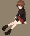  ashiwara_yuu boots brown_eyes brown_hair girls_und_panzer hat hat_removed headwear_removed kuromorimine_military_uniform military military_uniform nishizumi_maho short_hair sitting skirt solo uniform 