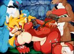 1girl 3boys anthro blonde_hair blush breasts censored dragon dragoon86 erection fellatio female furry group group_sex hair hypnotize long_hair male male/female multiple_boys nipples nude open_mouth oral penetration penis sex vaginal vaginal_penetration wolf 