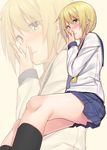  blonde_hair blush ichii_yui long_hair mikazuchi_zeus pleated_skirt school_uniform school_uniform_(yuyushiki) serafuku skirt solo twintails yellow_eyes yuyushiki 