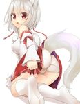  animal_ears ass bare_shoulders cameltoe detached_sleeves highres inubashiri_momiji kneeling long_sleeves looking_at_viewer looking_back open_mouth panties pantyshot pantyshot_(kneeling) red_eyes shiron_(e1na1e2lu2ne3ru3) shirt silver_hair skirt solo tail touhou underwear upskirt white_panties wide_sleeves wolf_ears wolf_tail 