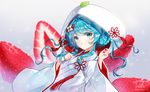  aqua_eyes aqua_hair artist_name bad_id bad_pixiv_id food fruit grey_background hair_ornament hatsune_miku hood japanese_clothes kimono leaf long_hair looking_at_viewer rumi_(rarumi11) solo strawberry twitter_username uchikake vocaloid yuki_miku 