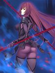  ass bodysuit breasts fate/grand_order fate_(series) large_breasts long_hair md5_mismatch polearm purple_bodysuit purple_hair red_eyes scathach_(fate)_(all) scathach_(fate/grand_order) solo tsukikanade weapon 