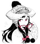  beanie bow glasses hair_bow hat horned_girl_(jaco) horns horns_through_headwear jaco knit_hat long_hair looking_to_the_side monochrome original red-framed_eyewear red_eyes removing_eyewear solo spot_color sweater upper_body winter_clothes 
