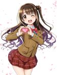  absurdres blazer brown_eyes brown_hair cherry_blossoms heart heart_hands highres idolmaster idolmaster_cinderella_girls jacket long_hair one_eye_closed one_side_up rariemonn shimamura_uzuki smile solo 