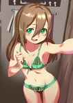  :d arm_up blush bow bow_bra bow_panties bra breasts brown_hair cleavage enko_momoda green_bra green_eyes green_panties hair_between_eyes looking_at_viewer open_mouth panties reaching_out self_shot shiratori_tomoe small_breasts smile solo tokyo_7th_sisters underwear underwear_only 