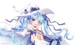  bad_id bad_pixiv_id blue_eyes blue_hair cape fingerless_gloves gloves hat hatsune_miku long_hair looking_at_viewer open_mouth rumi_(rarumi11) snowflakes solo suki!_yuki!_maji_magic_(vocaloid) twintails twitter_username very_long_hair vocaloid wand white_background witch_hat yuki_miku 