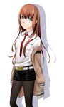  belt black_legwear black_shorts brown_hair green_eyes highres legwear_under_shorts long_hair makise_kurisu pantyhose pantyhose_under_shorts red_eyes shirokuro_neko_(ouma_haruka) shorts simple_background solo steins;gate white_background white_legwear 