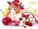  apring armband bad_id bad_pixiv_id bangs banned_artist bare_shoulders bead_bracelet beads blush bow bracelet breasts brown_hair character_name cherry cherry_earrings cherry_print cleavage clothes_writing dress earrings eyebrows eyebrows_visible_through_hair finger_to_mouth flower food food_print food_themed_clothes food_themed_earrings fruit fruit_background gloves grapes hair_ornament hair_stick hairclip hat hat_bow hat_ribbon heart in_food jewelry koizumi_hanayo lace lace-trimmed_gloves large_breasts leaf lemon looking_at_viewer love_live! love_live!_school_idol_festival love_live!_school_idol_project lying necklace on_stomach orange_hair oversized_food oversized_object partially_submerged pendant print_dress purple_eyes red_bow red_gloves red_hat ribbon short_hair solo sparkle strapless strapless_dress swept_bangs thighhighs vertical-striped_gloves water 