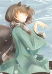  animal_ears brown_eyes brown_hair futatsuiwa_mamizou glasses haori highres japanese_clothes kiseru kurukuruchocolate leaf leaf_on_head pipe raccoon_ears raccoon_tail scarf smoke snowing solo tail touhou 