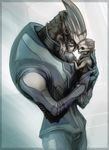  2011 abstract_background alien ambiguous_gender baby clothed clothing cub duo eyes_closed father garrus_vakarian horn male mass_effect nude parent rinpoo_chuang scar simple_background standing turian video_games young 