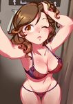  arm_up blush bra breasts brown_eyes brown_hair cleavage enko_momoda futagawa_mimi hand_in_hair medium_breasts one_eye_closed panties reaching_out self_shot short_hair smile solo tokyo_7th_sisters underwear 