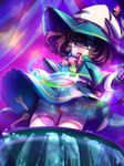  bloomers bow brown_hair cauldron child clenched_hand dress fork hat highres jacket knife liquid multicolored multicolored_eyes open_mouth original sdoodlio signature solo spoon star tassel thighhighs thighs underwear watermark witch witch_hat 