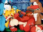  1girl 3boys anthro blonde_hair blush breasts censored dragon dragoon86 erection female furry group group_sex hair hypnotize long_hair male male/female multiple_boys nipples nude open_mouth penetration penis sex vaginal vaginal_penetration wolf 