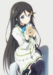  black_hair black_legwear blue_eyes doughnut food hair_between_eyes hair_ornament highres izumi_reina long_hair long_sleeves musaigen_no_phantom_world school_uniform shirt sitting skirt skirt_set smile solo thighhighs very_long_hair yoshino_ryou zettai_ryouiki 